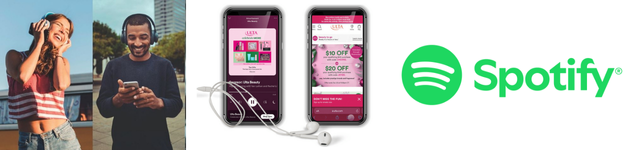 Menschen mit Kopfhöreren und Spotify Audio Ads Banner auf Smartphone-Display