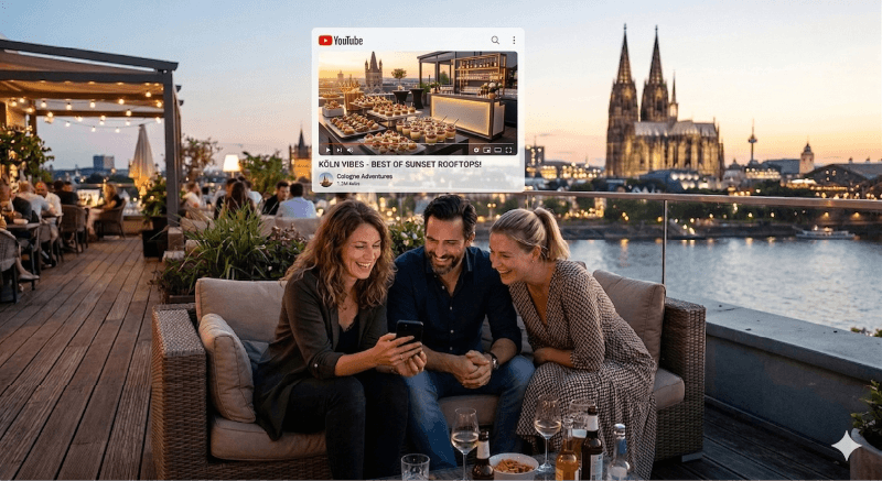 Gruppen von Menschen sitzen gemeinsam auf der Terasse