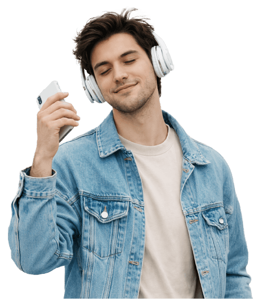 Mann mit Kopfhörern und Handy in der Hand