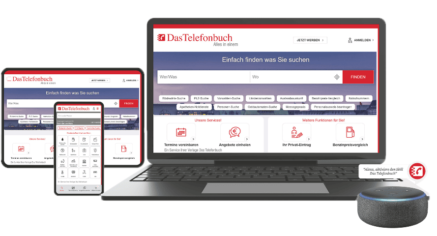 Darstellung der Das Telefonbuch Produkte Printausgabe, dastelefonbuch.de auf Laptop und Tablet, Das Telefonbuch App und Alexa Sprachassistent